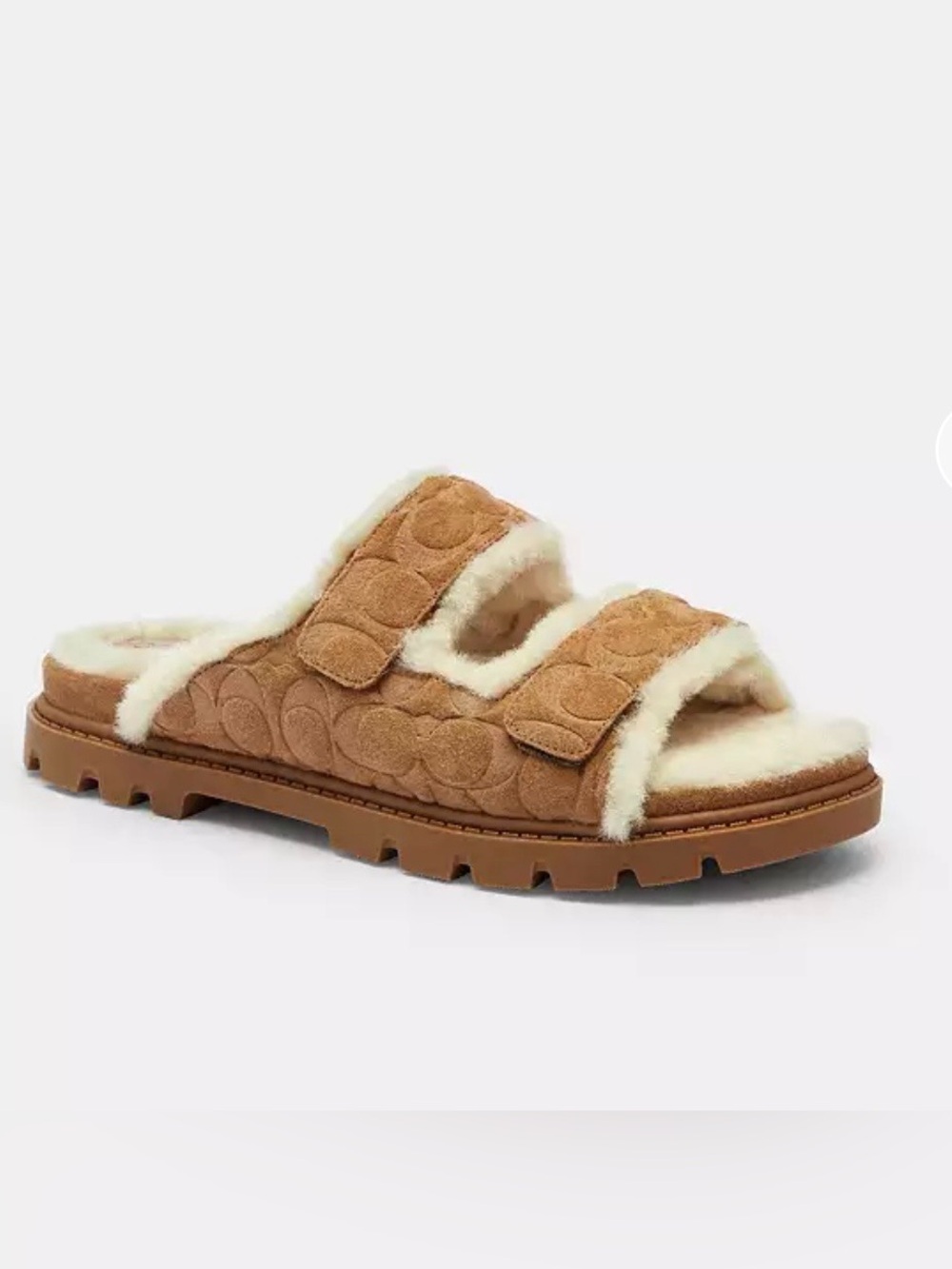 Coach Suede Shearling Double-Strap Slide in Chestnut and Cream